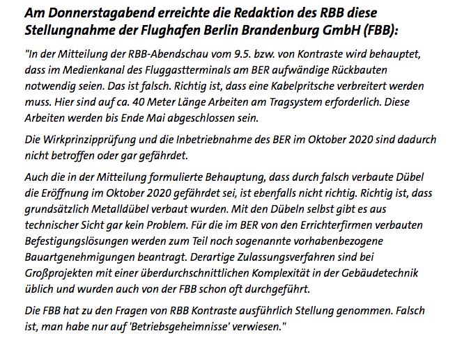 Stellung BER zu den Vorwürfen der ARD und des RBB in ihrer Berichterstattung