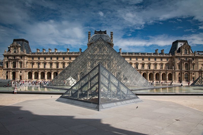Der Louvre-Palast mit der Glaspyramide im Vordergrund